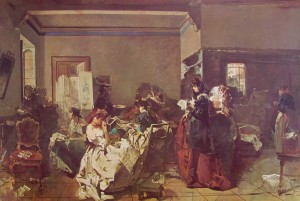 Domenico Induno: Scuola di sartine, 1858-60, cm. 100 x 149, Galleria d’Arte Moderna di Milano